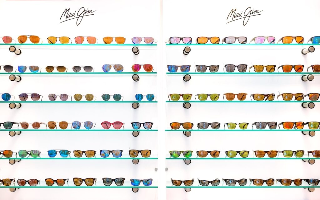 Maui Jim sunglasses wall at Downtown Vision Care in Calgary.