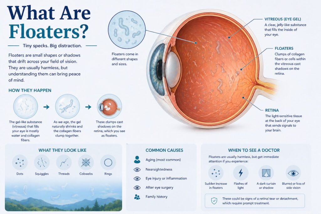 Infographic explaining eye floaters, including how they form in the vitreous gel, what they may look like, common causes, and symptoms that should prompt an eye exam.