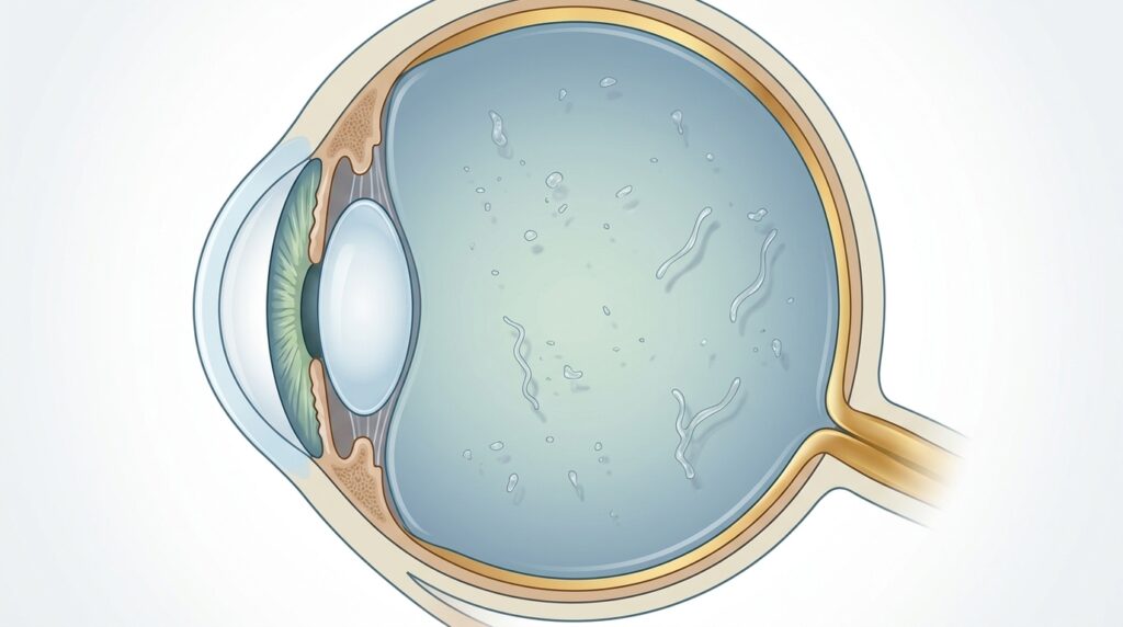 Illustration of the inside of an eye showing small floaters suspended in the vitreous gel.
