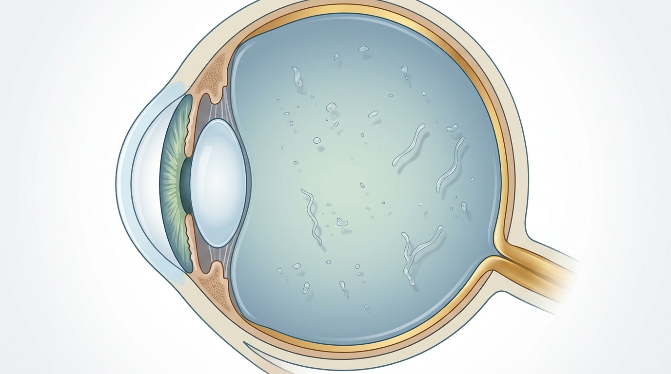 Illustration of the inside of an eye showing small floaters suspended in the vitreous gel.