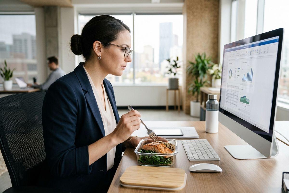 Person in blazer eating salad from a container at a desk while looking at a computer showing charts, in an office.