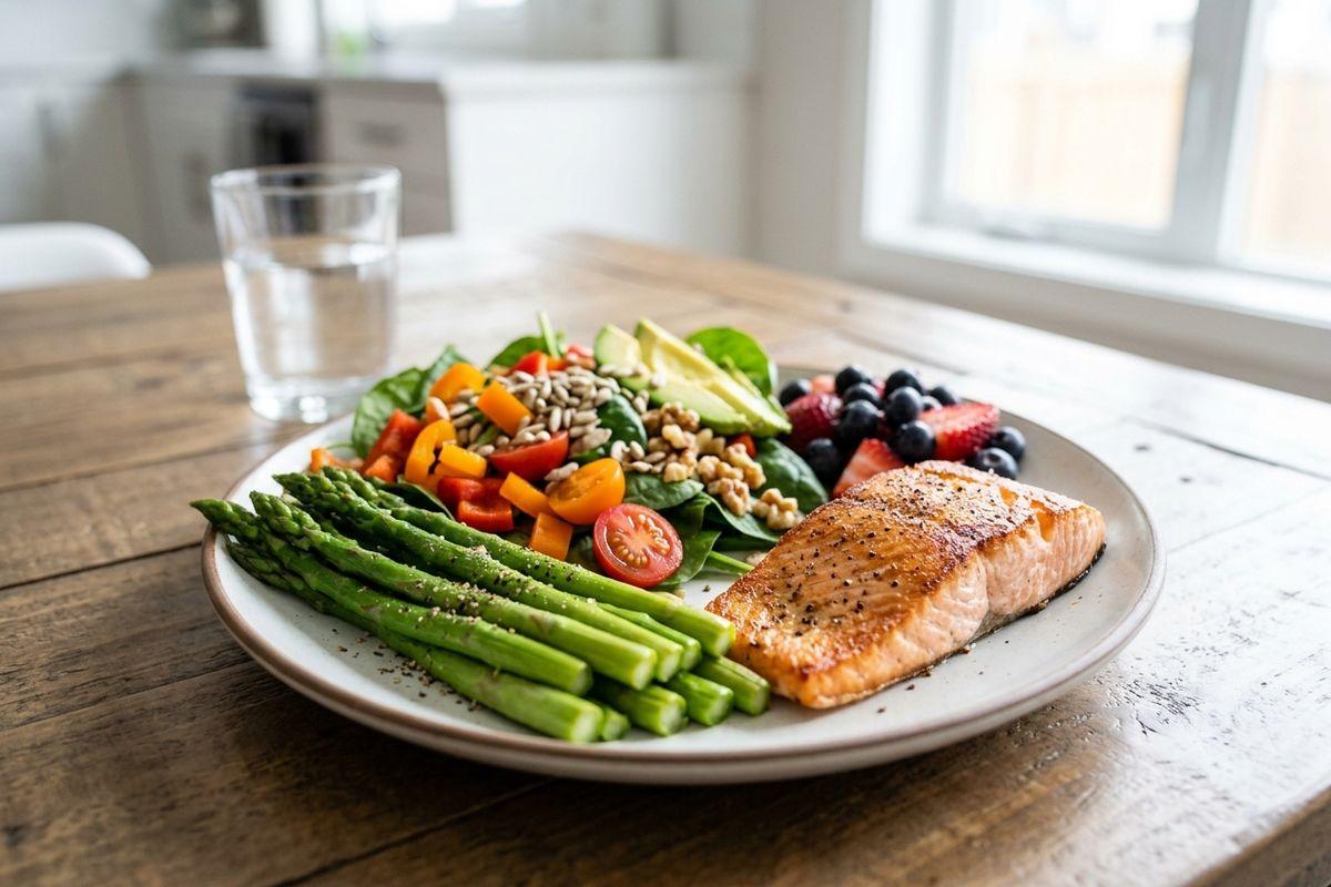 Plate of salmon, asparagus, salad with peppers and seeds, and berries on a wooden table beside a glass of water.