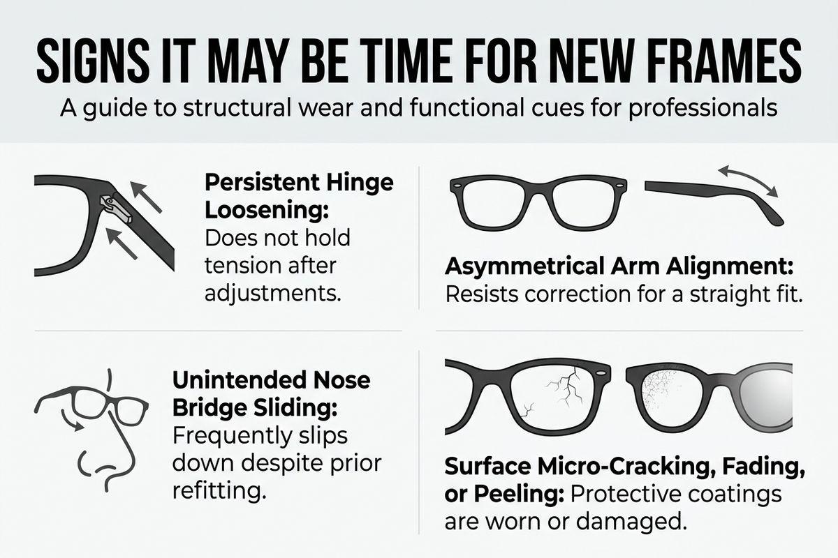 Infographic: signs it may be time for new frames, including loose hinges, misaligned arms, nose bridge sliding, and cracked or peeling coatings.