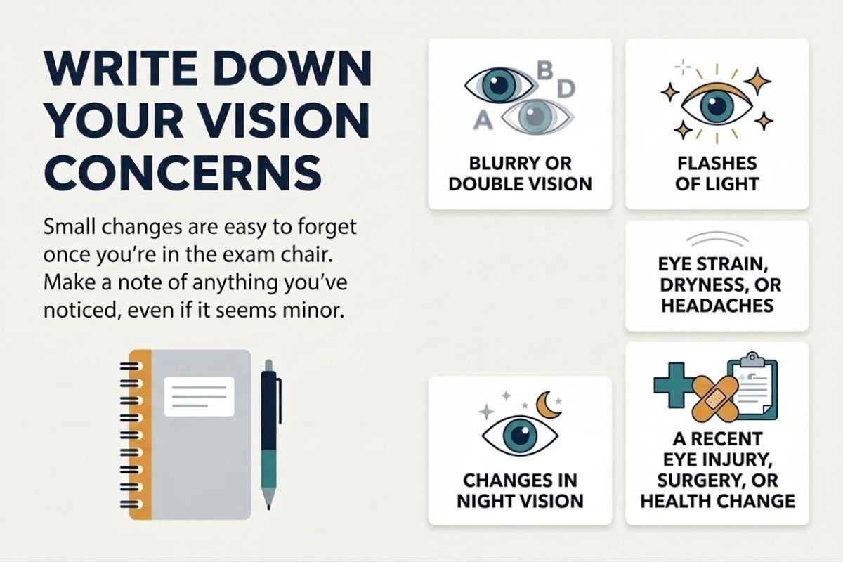 Infographic urging you to write down vision concerns: blurry vision, flashes, eye strain, night vision changes, recent eye injury.